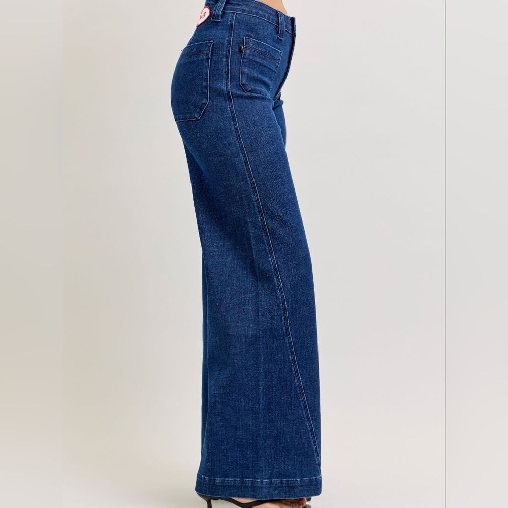 Judy Blue Women's High-Waisted Retro Fit  Denim Wide Jeans with Patch Pocket - Picture 8 of 11